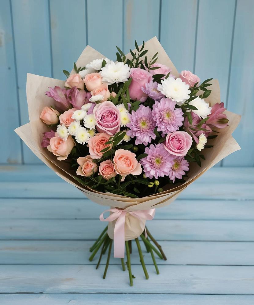 Букет цветов из: Хризантемы, Розы и Альстромерии в Осельки
