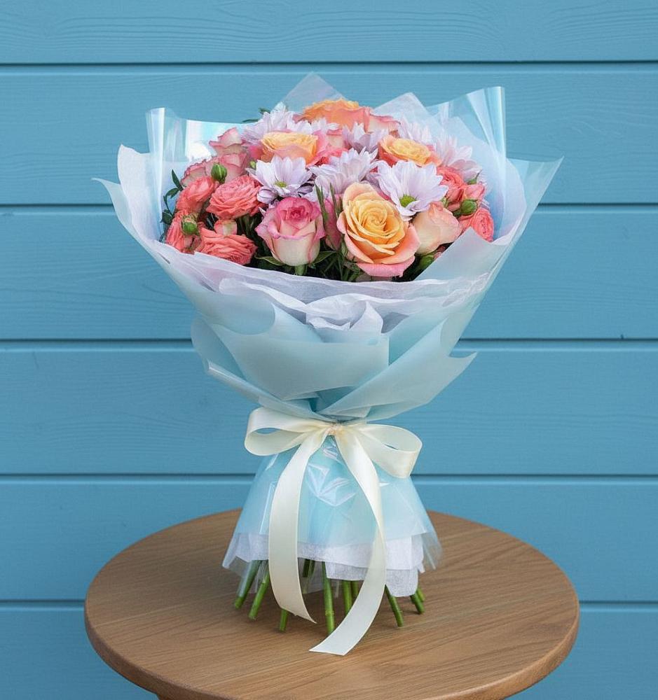 Букет цветов из: Хризантемы и Розы в Осельки