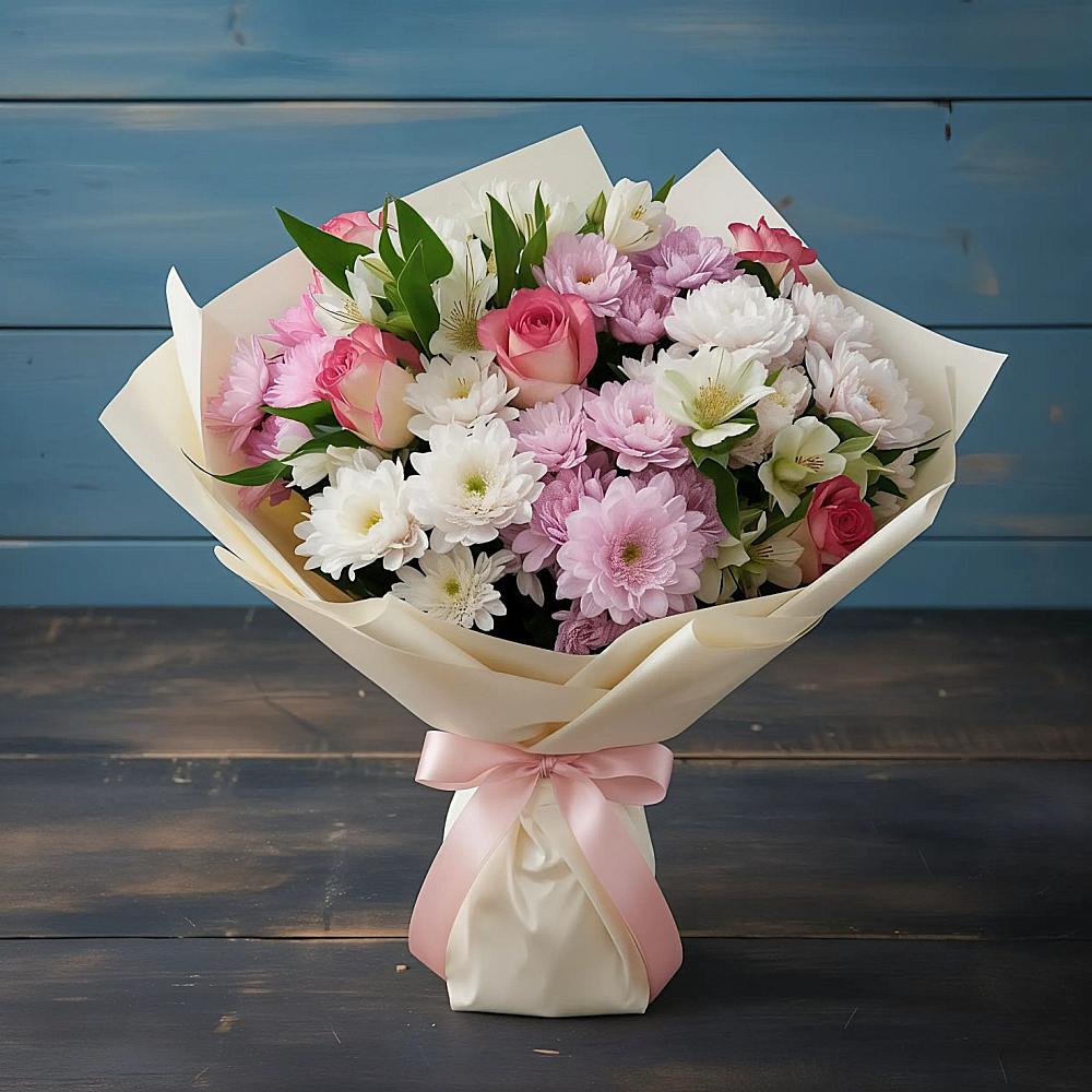 Букет цветов из: Хризантемы, Альстромерии и Розы в Осельки